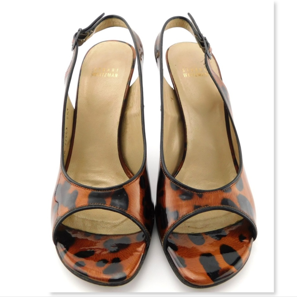 STUART WEITZMAN Leopard Patent Leather Open Toe Sling Heel Sandal Pumps 8.5